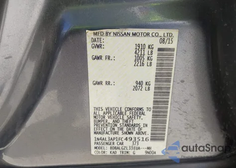 2015 Nissan Altima 2.5 S z USA, uszkodzony, nr VIN 1N4AL3AP1FC493516